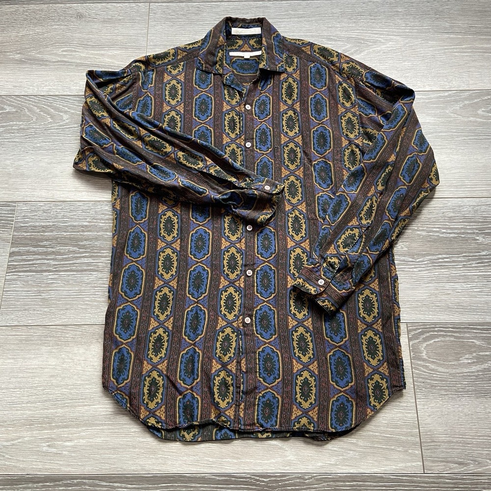 Perry Ellis Mens Small Blue Gold Rayon Medallion Paisley Long Sleeve Button Up